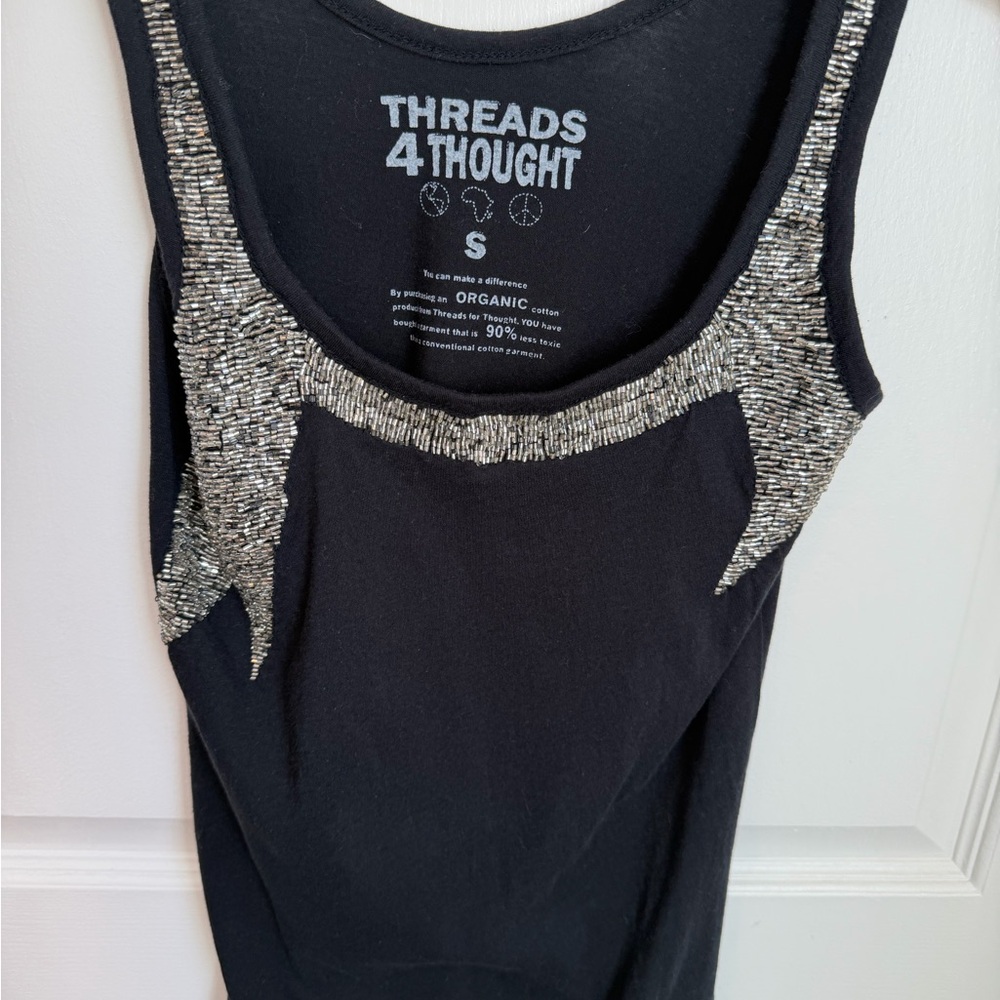 Threads 4 Thought Black and Silver Beaded Tank Top Deep Scoop Neck - Picture 4 of 6